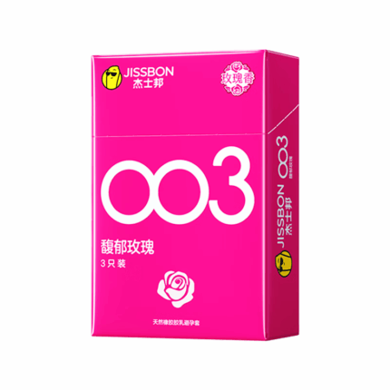 The first image shows a pink-packaged condom box, branded "Jissbon," model "003," featuring a rose pattern and labeled "3 pieces."
